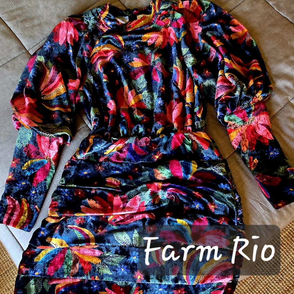 FARM Rio Black Velvet Dress with Multicolor Floral Print